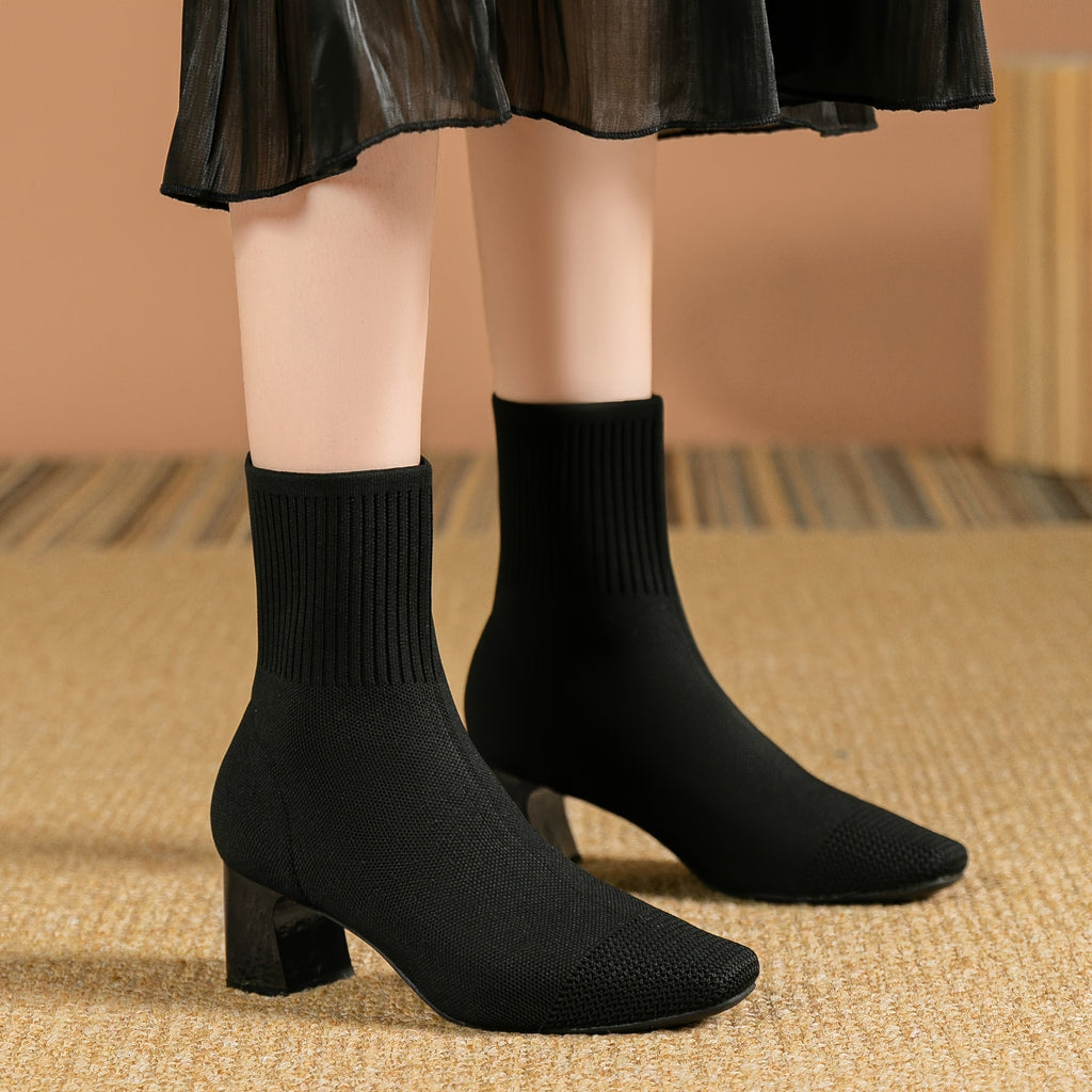 Women's Flexible Knitted Upper Short Boots with Block Heel