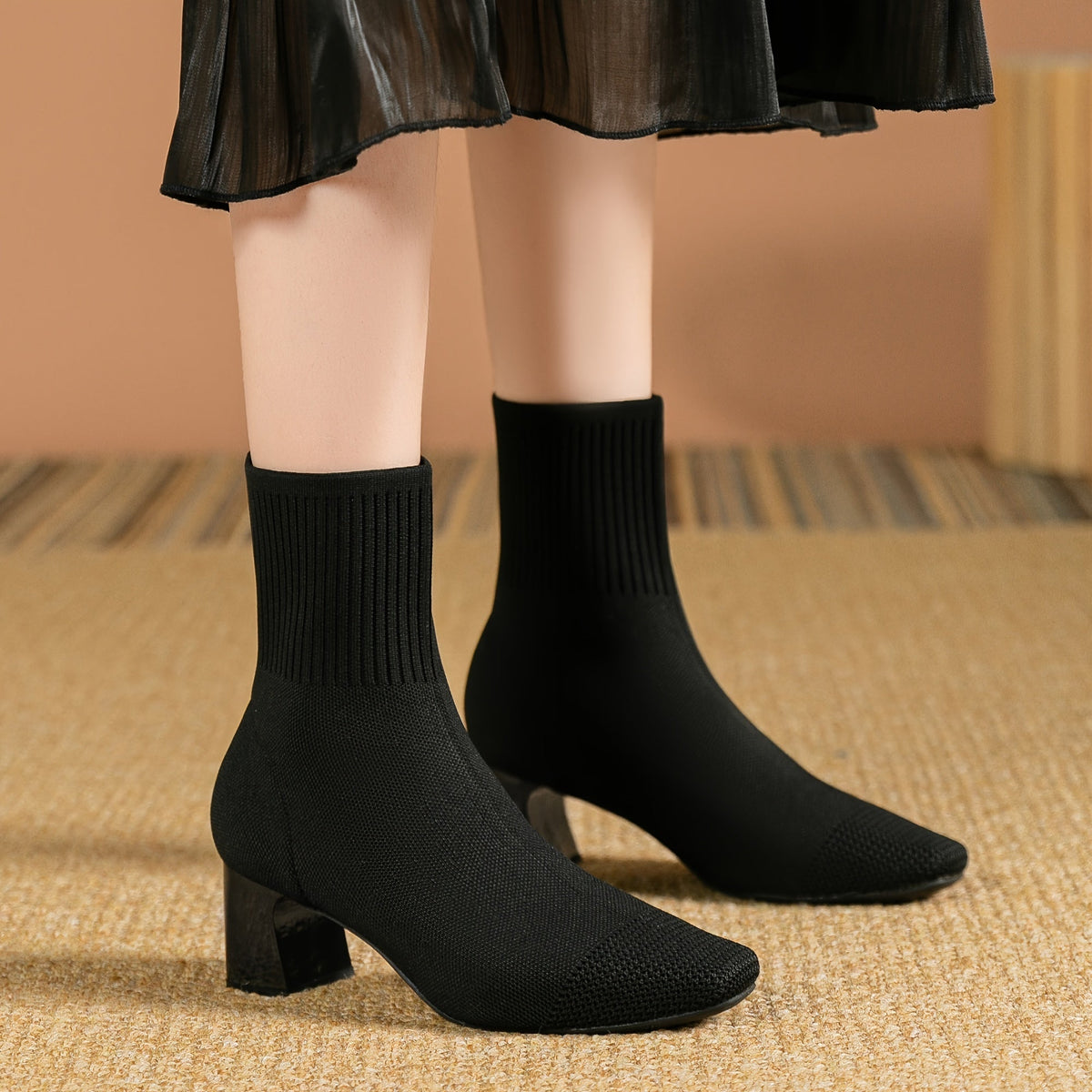 Women's Flexible Knitted Upper Short Boots with Block Heel