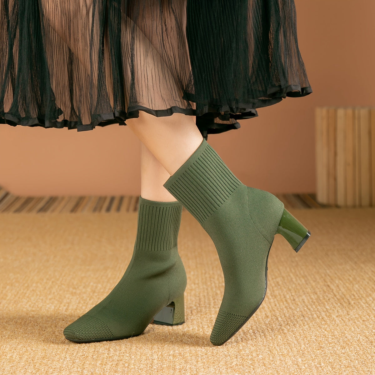 Women's Flexible Knitted Upper Short Boots with Block Heel