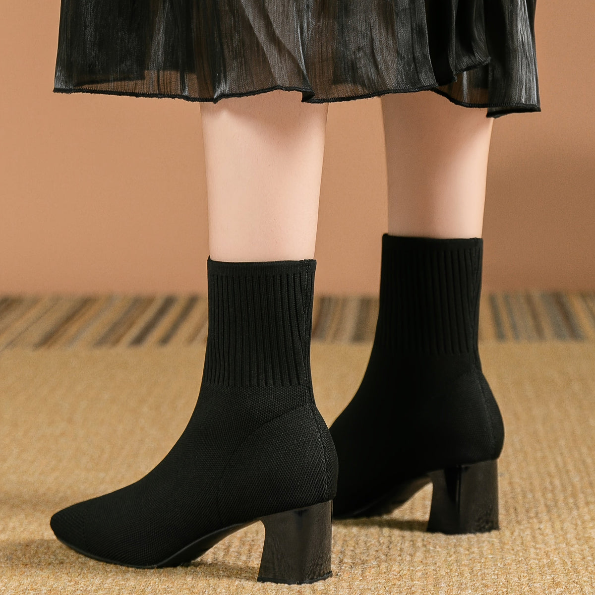 Women's Flexible Knitted Upper Short Boots with Block Heel