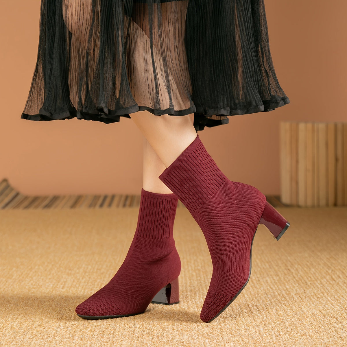 Women's Flexible Knitted Upper Short Boots with Block Heel