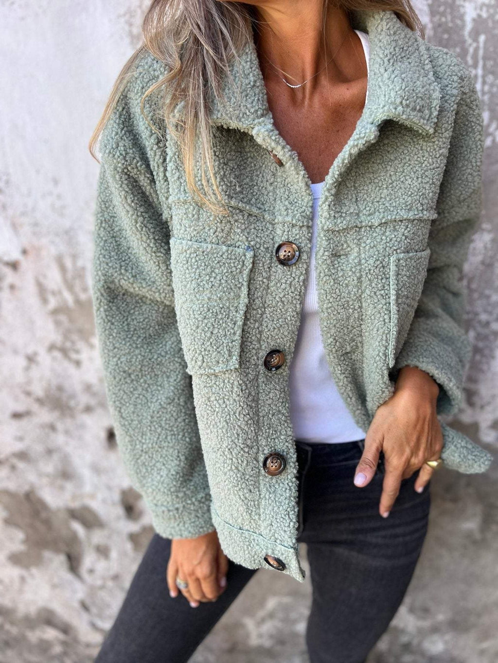 Women's Textured Quilted Jacket with Front Buttons and Pockets