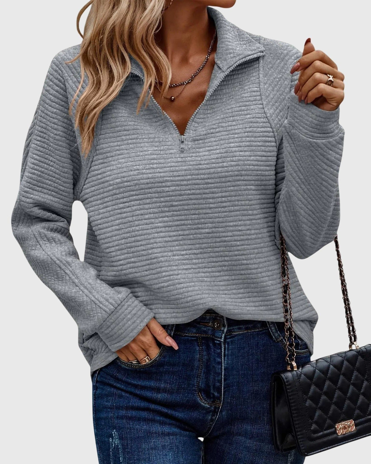 Women's Loose Ribbed Quarter-Zip Style Sweater