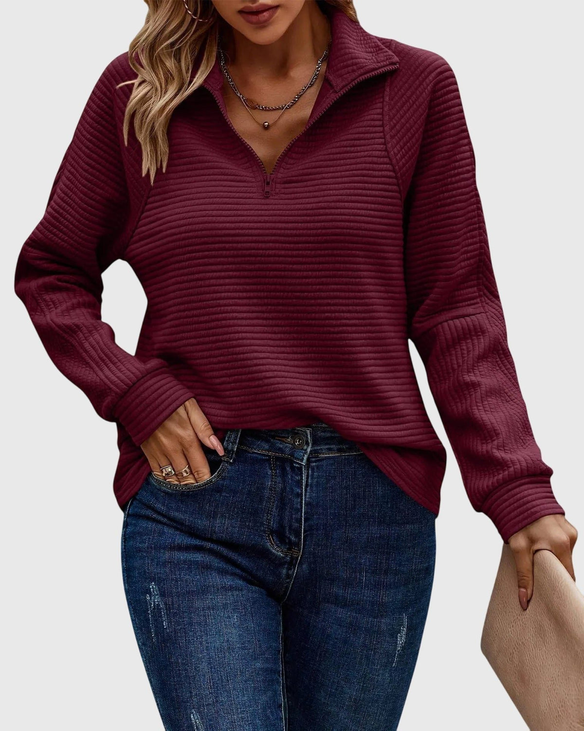 Women's Loose Ribbed Quarter-Zip Style Sweater