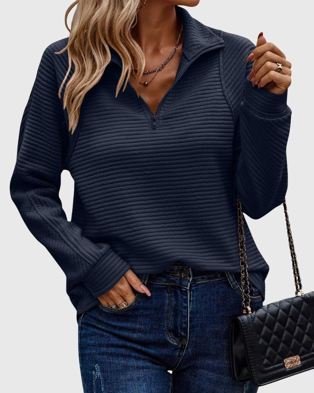 Women's Loose Ribbed Quarter-Zip Style Sweater