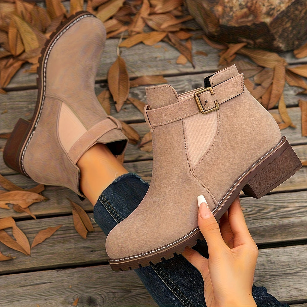Women's Stable Heel Buckled Faux Suede Short Boots