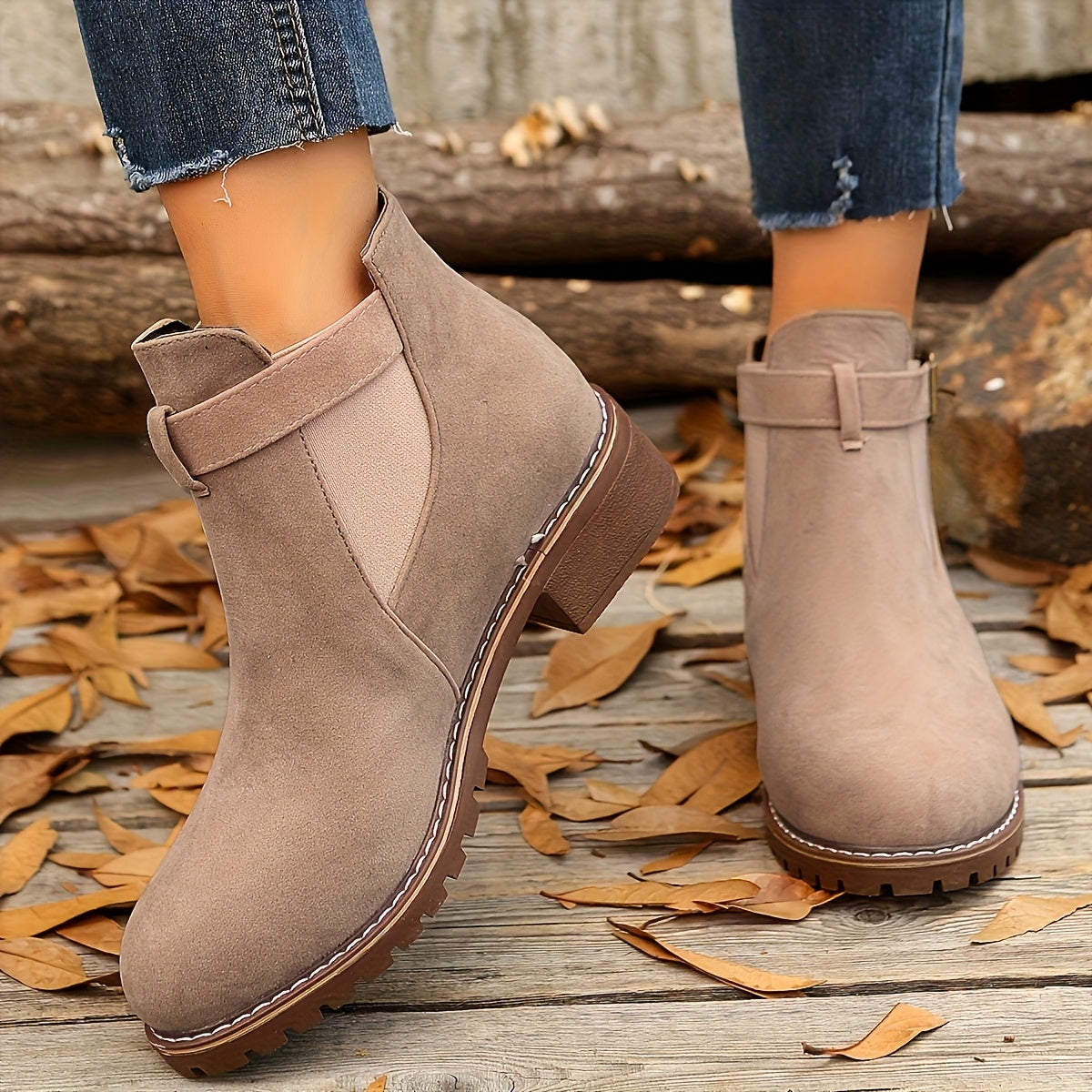 Women's Stable Heel Buckled Faux Suede Short Boots