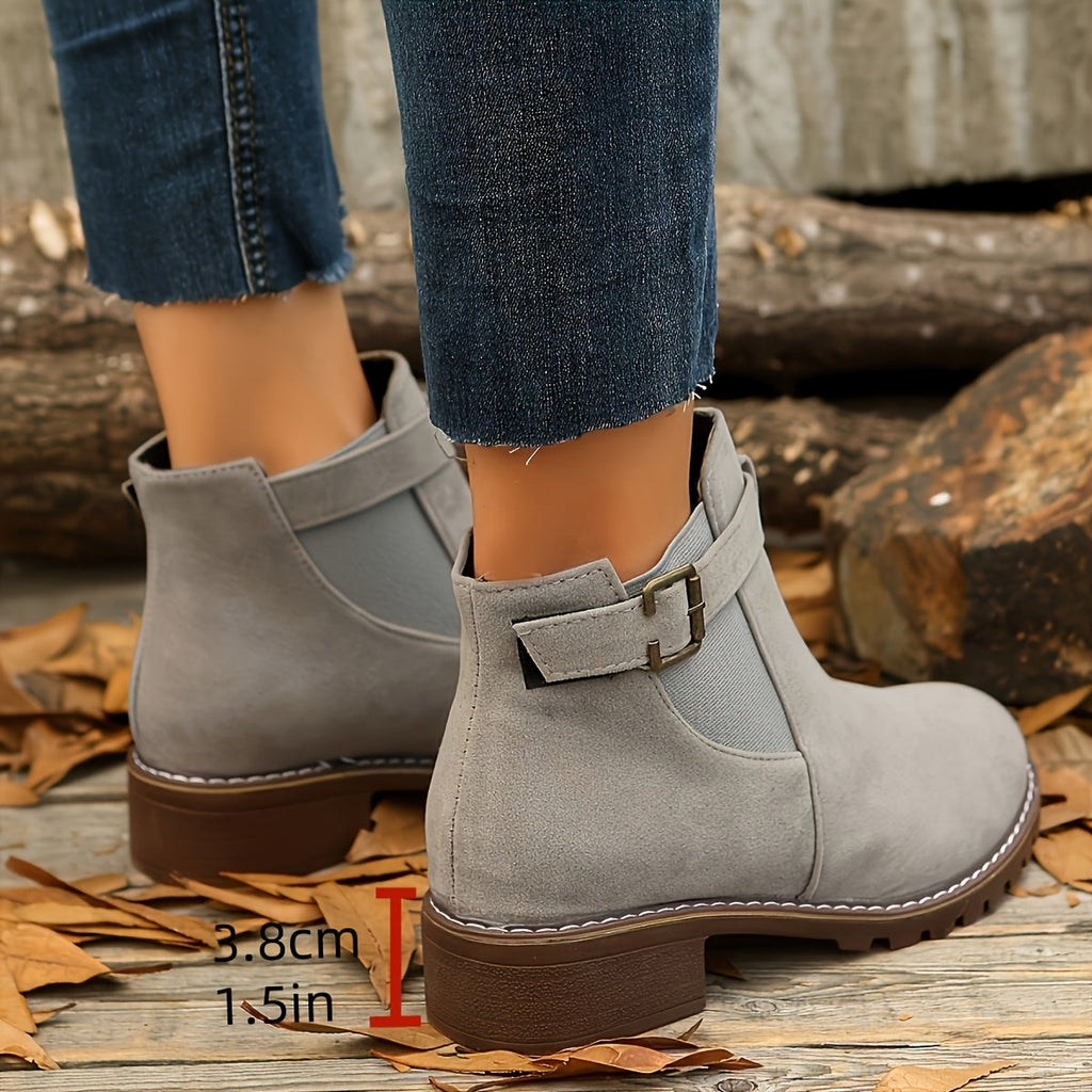 Women's Stable Heel Buckled Faux Suede Short Boots