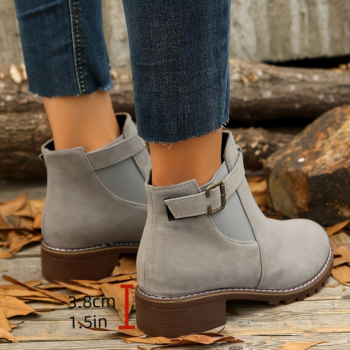 Women's Stable Heel Buckled Faux Suede Short Boots