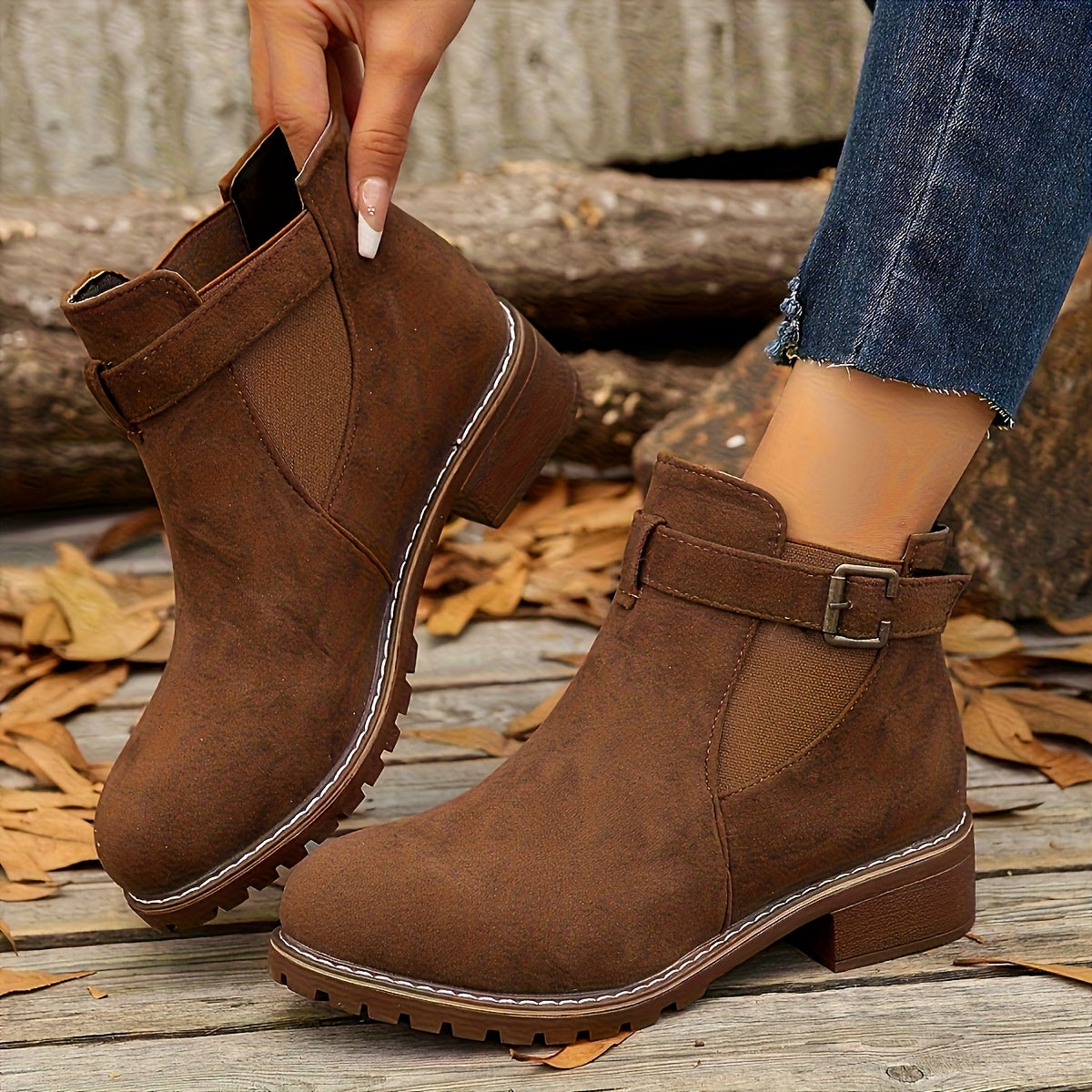 Women's Stable Heel Buckled Faux Suede Short Boots