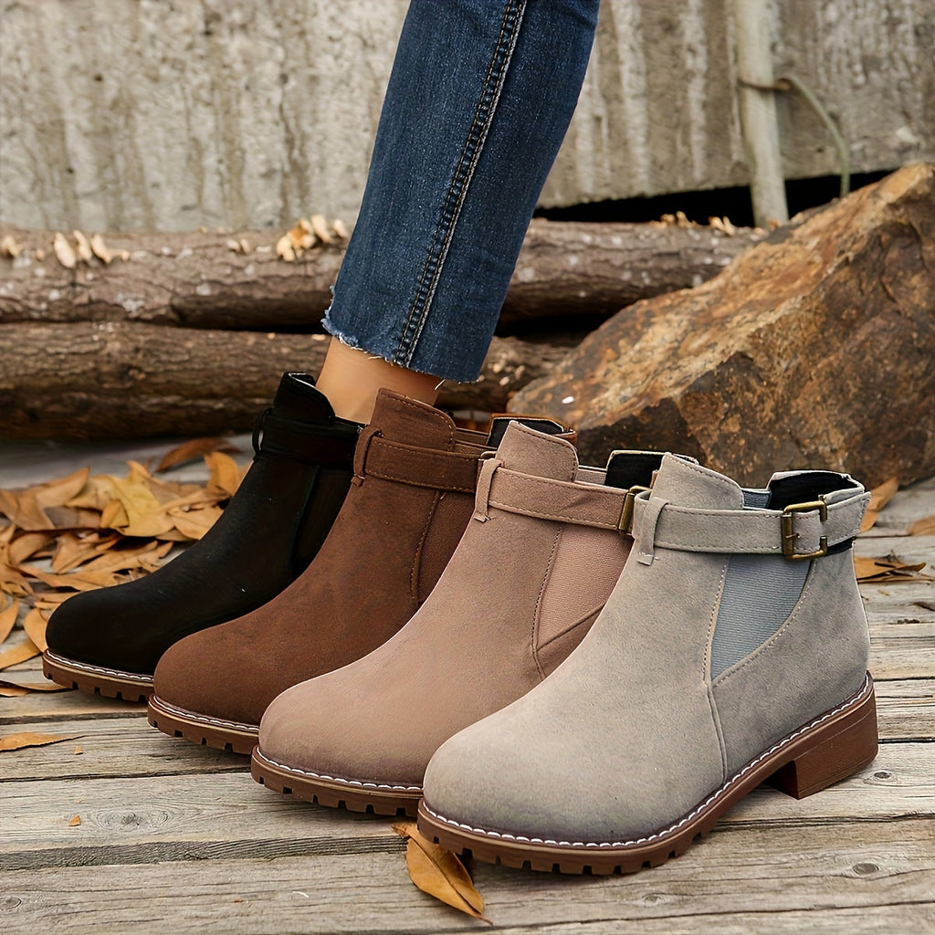 Women's Stable Heel Buckled Faux Suede Short Boots