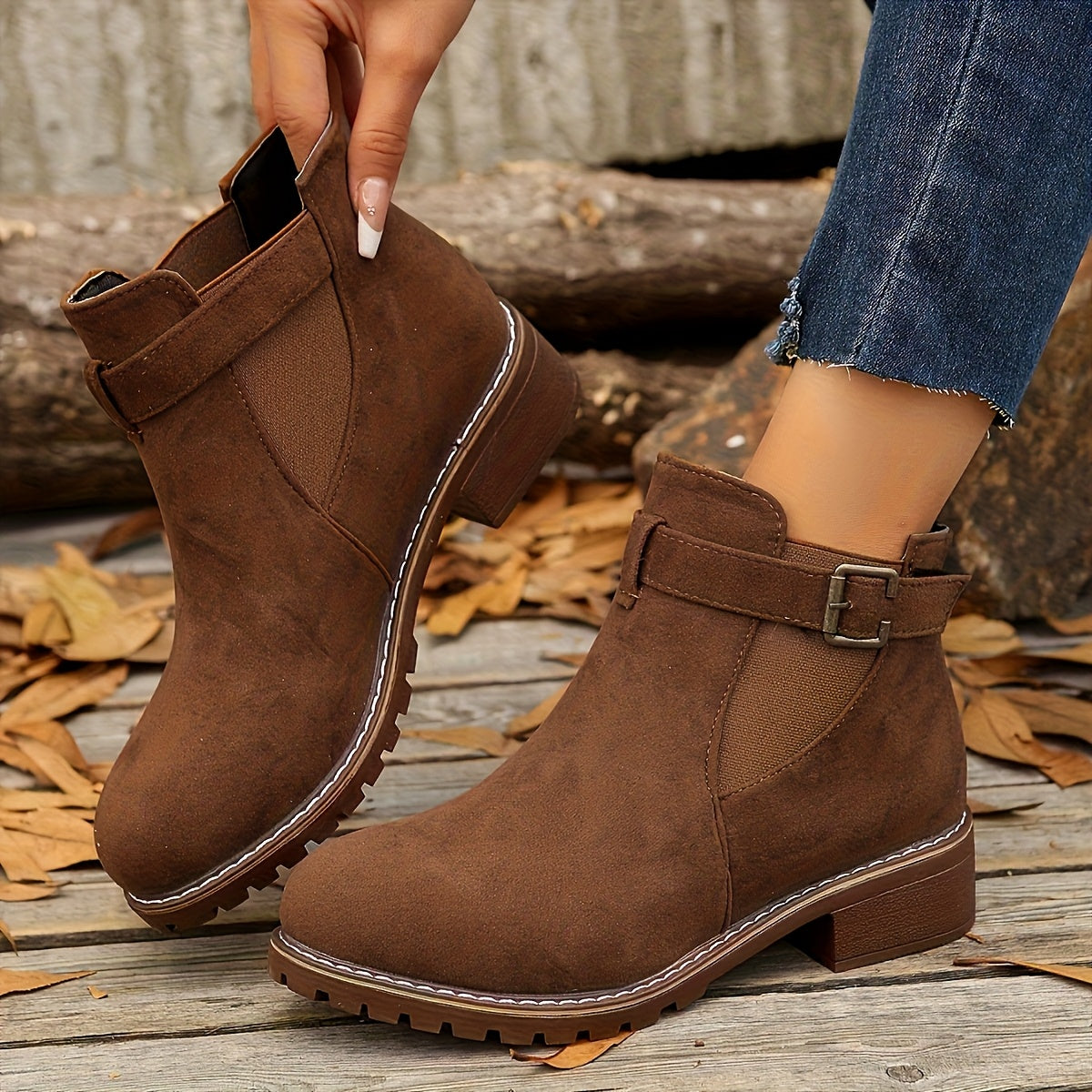 Women's Stable Heel Buckled Faux Suede Short Boots