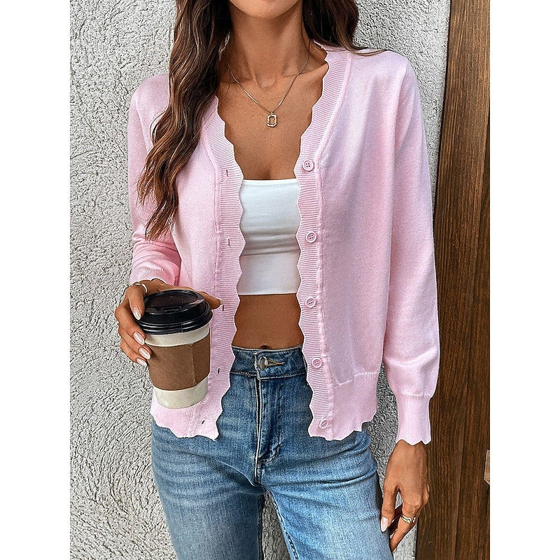 Women's Light Knit Scallop Edge Front-Button Cardigan Sweater