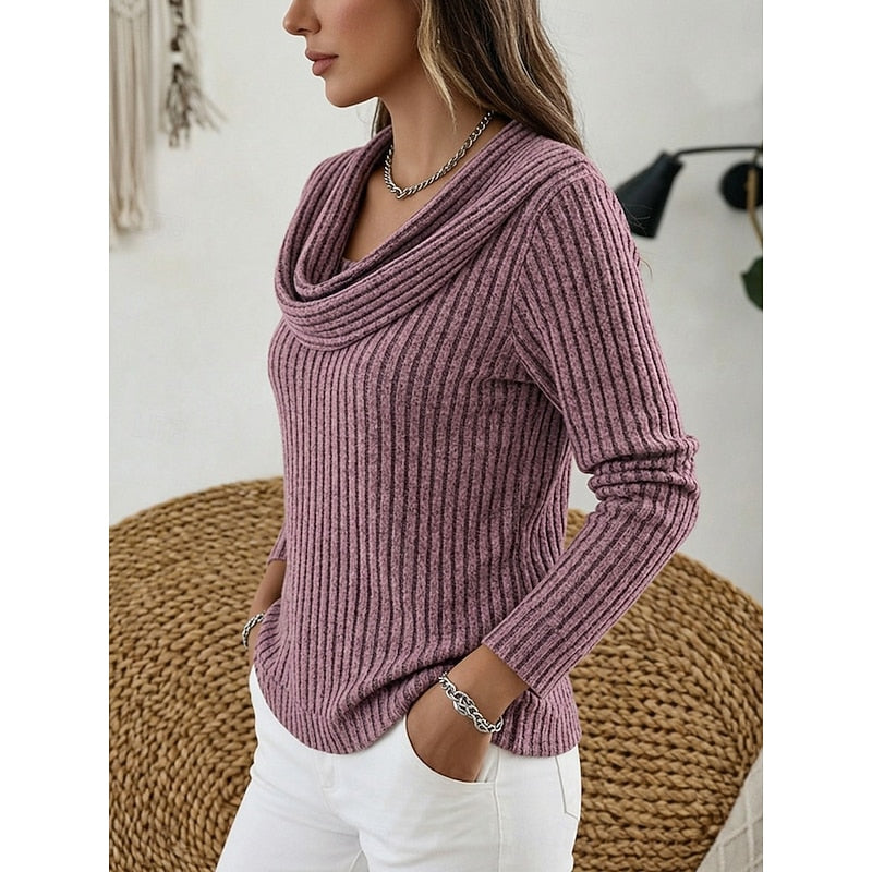 Women's Cozy Ribbed Knit Cowl Collar Sweater