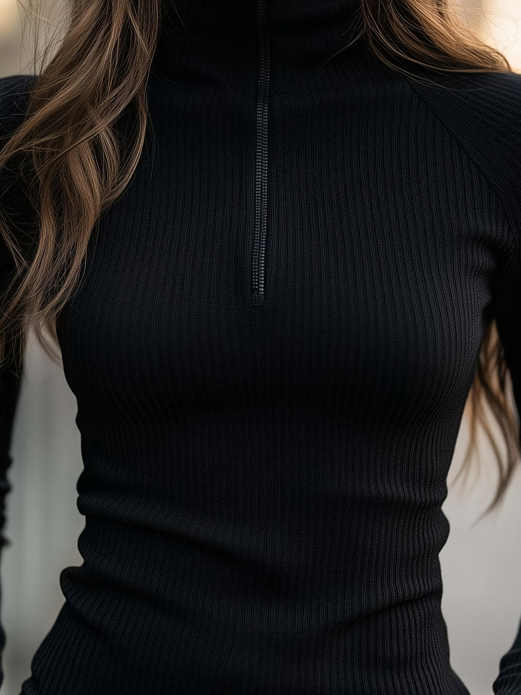 Women's Smooth Half-Zip Turtleneck Ribbed Knit Top