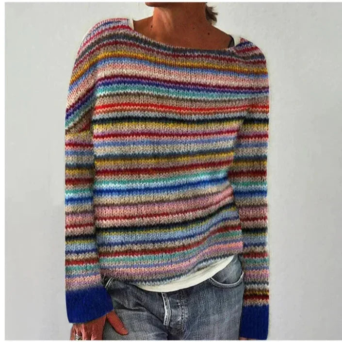 Women's Casual Striped Crew Neckline Rib Knit Sweater