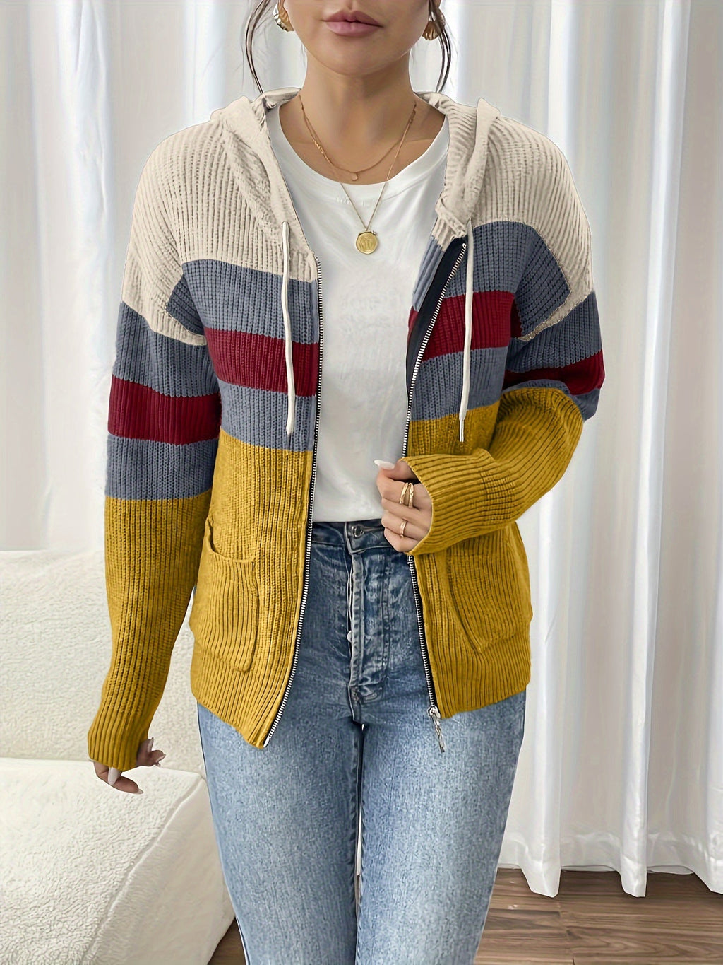 Women's Zip-Up Ribbed Hoodie Sweater Cardigan