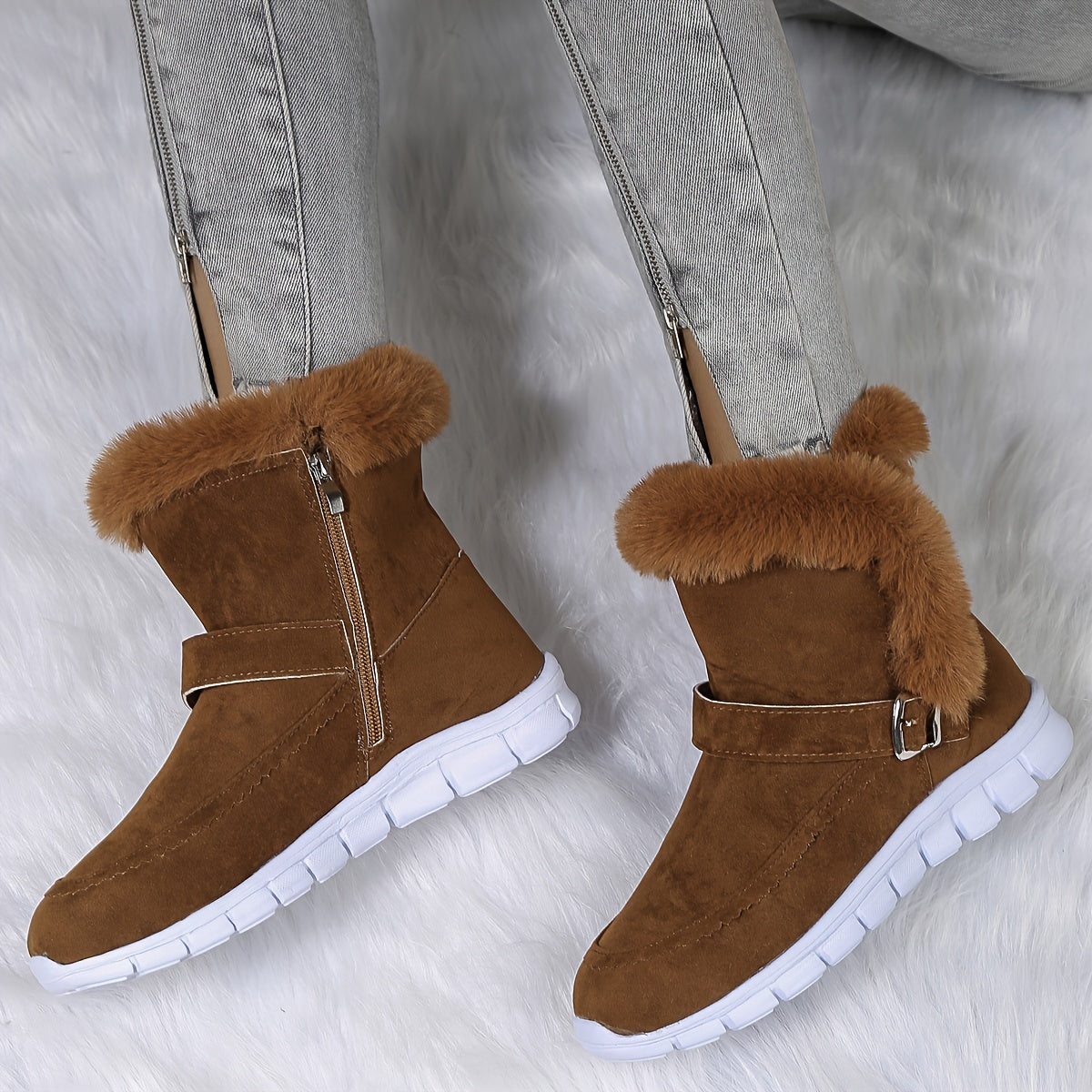 Women's Warm Lined Winter Booties with Buckle Accent
