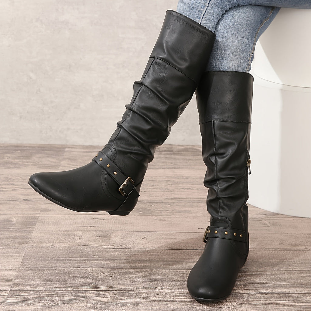 Women's Flat Sole Slouchy Knee-High Boots with Round Toe