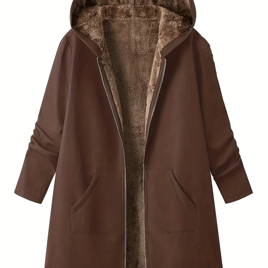 Women's Longline Zip-Front Coat with Soft Plush Hood