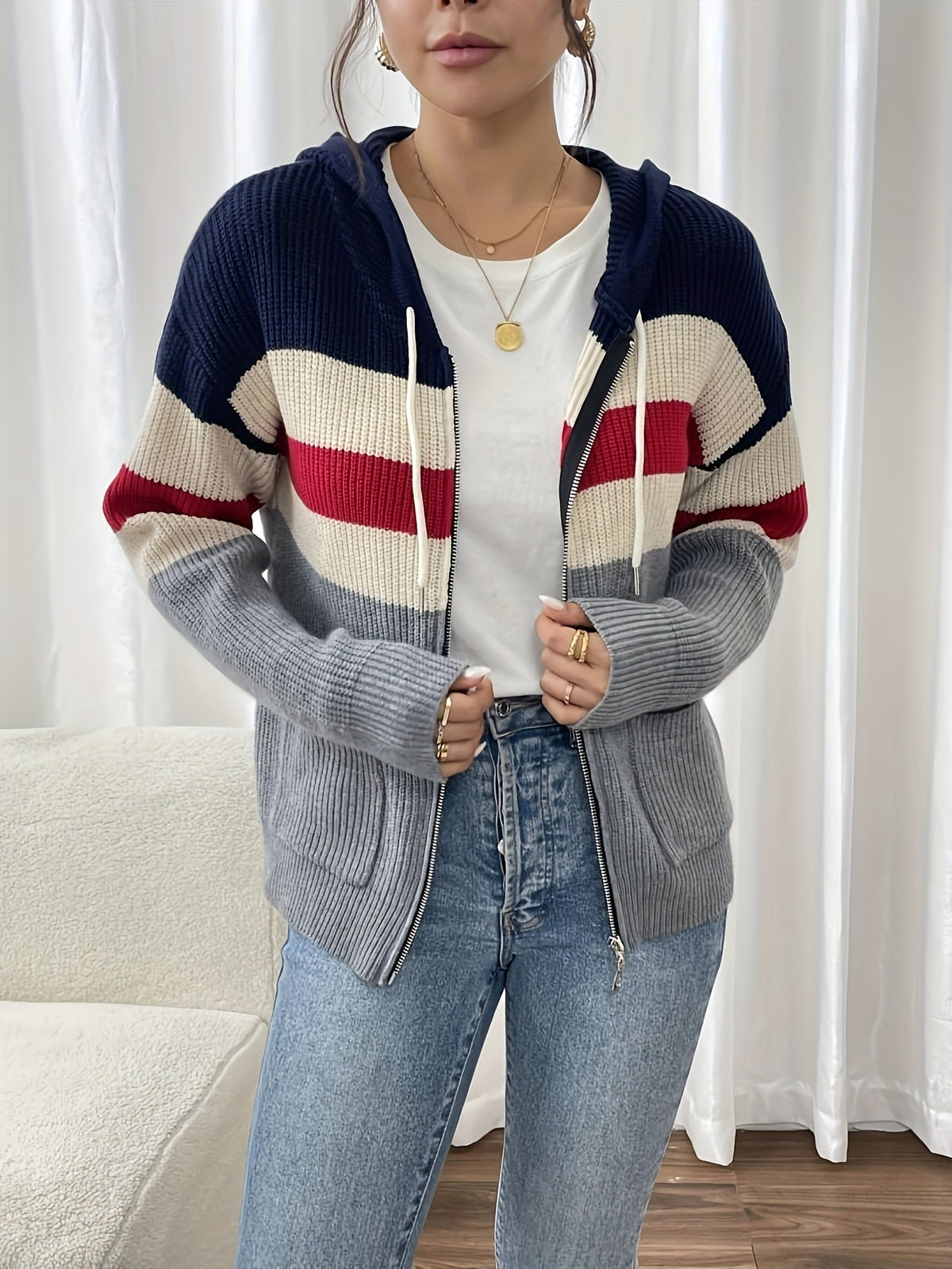 Women's Zip-Up Ribbed Hoodie Sweater Cardigan