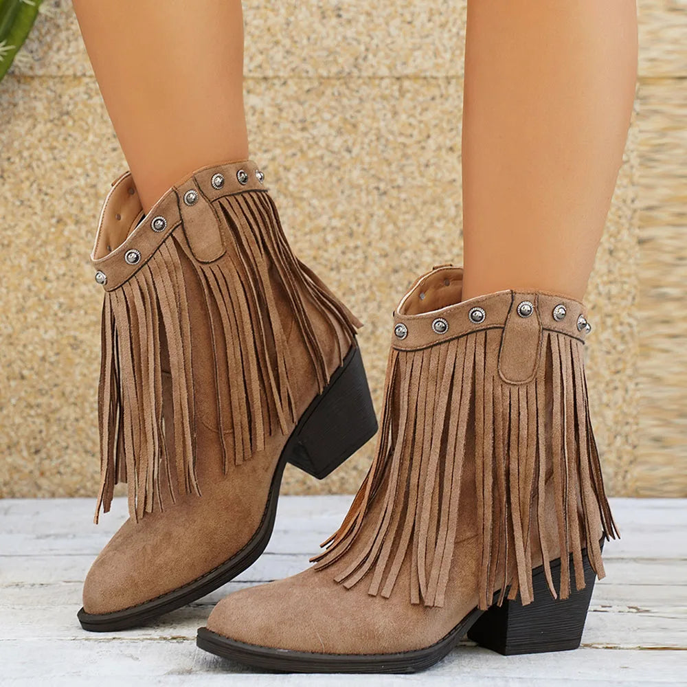 Women's Fringe Trim Studded Roomy Shaft Western Boots