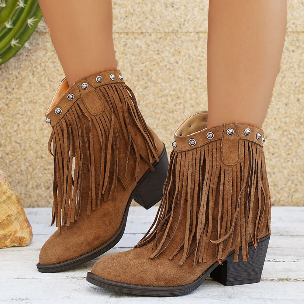 Women's Fringe Trim Studded Roomy Shaft Western Boots