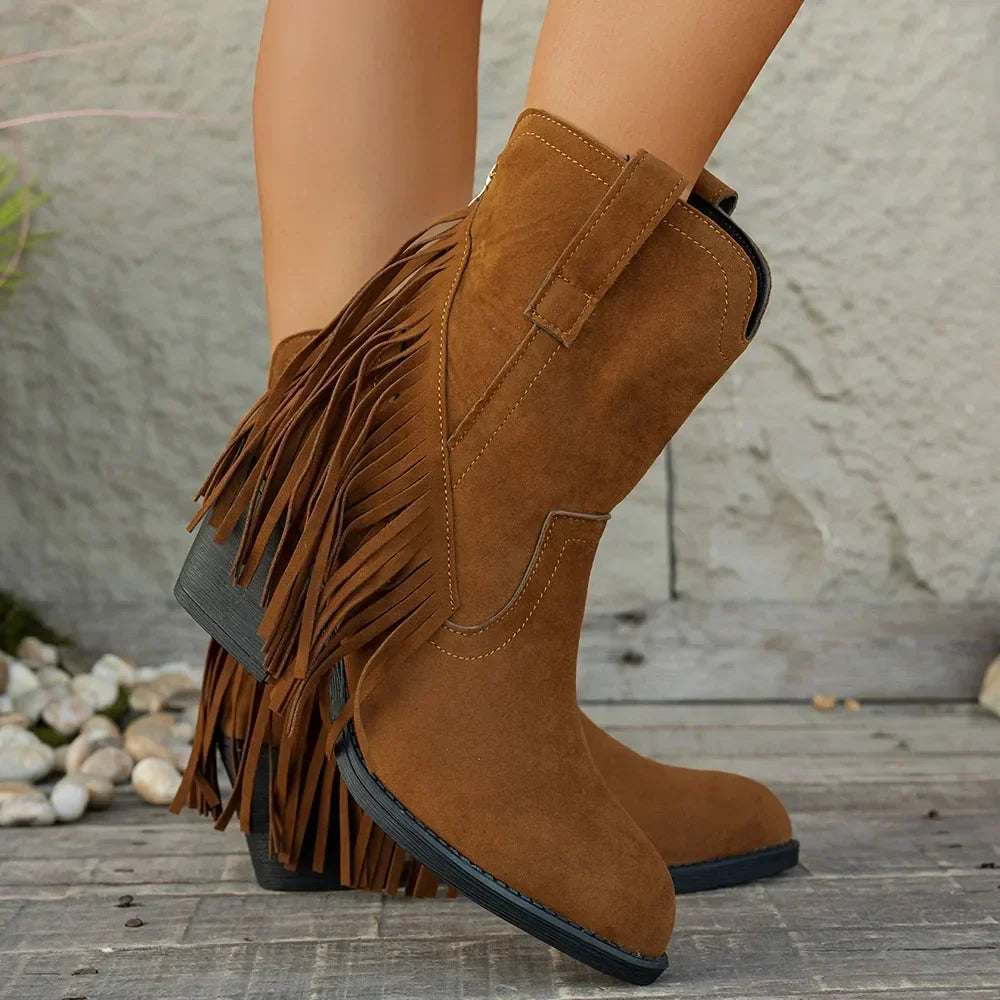 Women's Fringe Trim Studded Roomy Shaft Western Boots