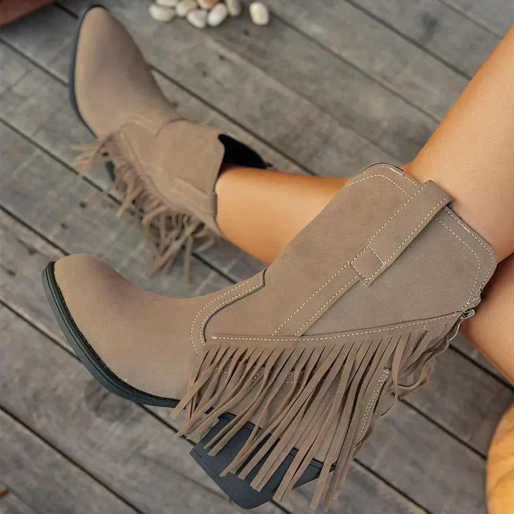 Women's Fringe Trim Studded Roomy Shaft Western Boots