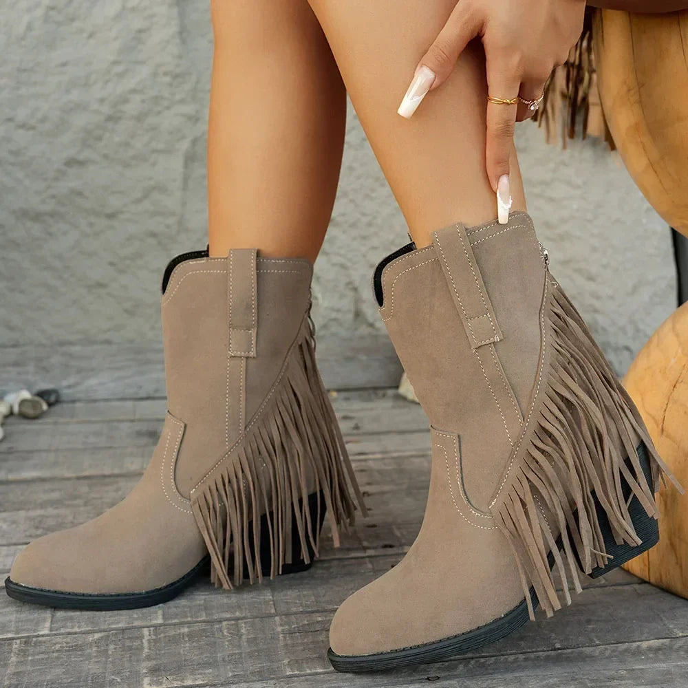 Women's Fringe Trim Studded Roomy Shaft Western Boots