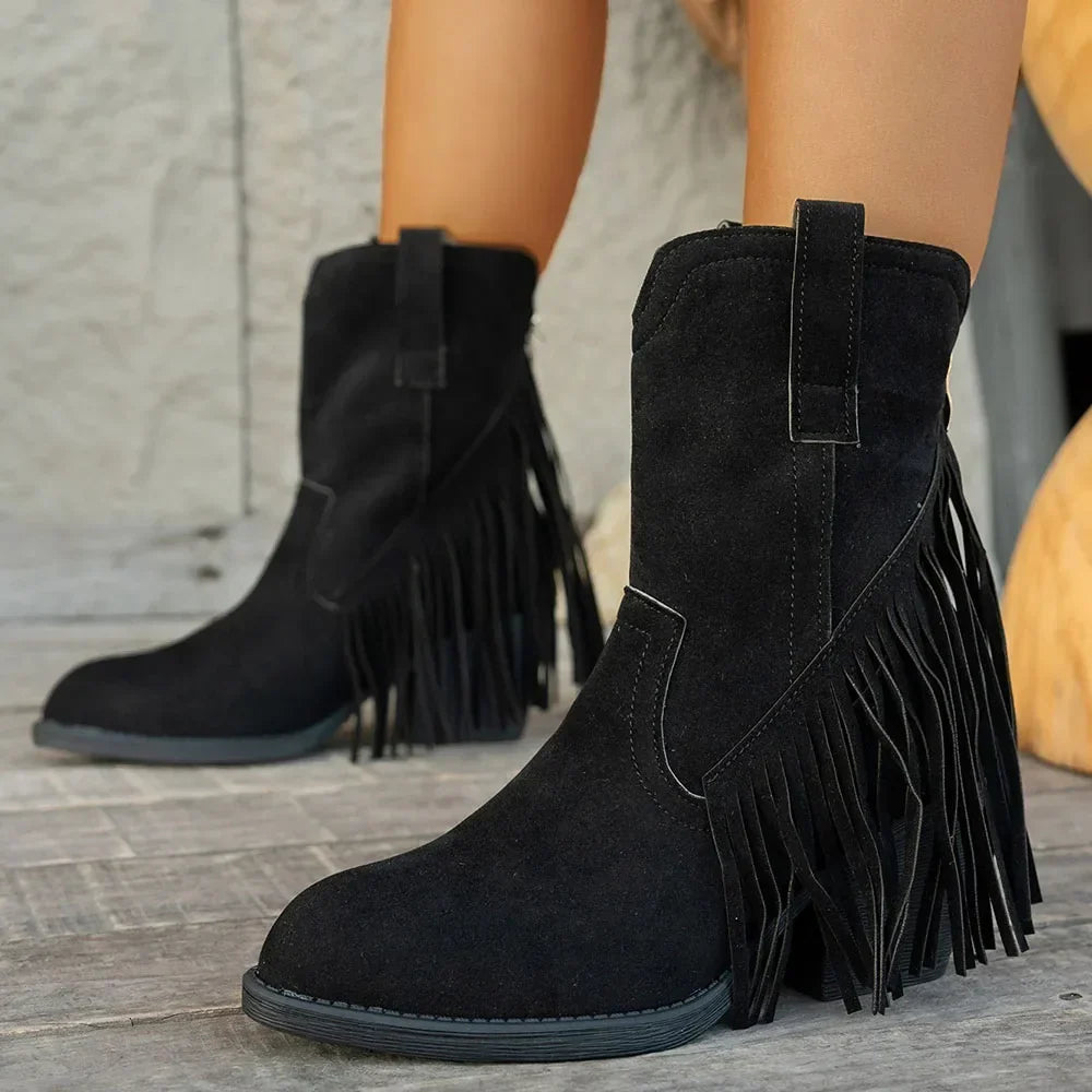 Women's Fringe Trim Studded Roomy Shaft Western Boots