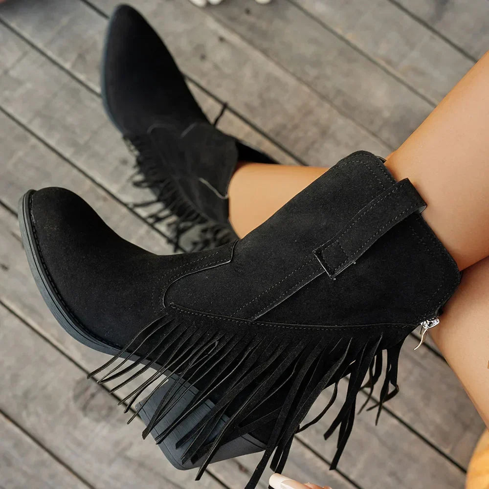Women's Fringe Trim Studded Roomy Shaft Western Boots