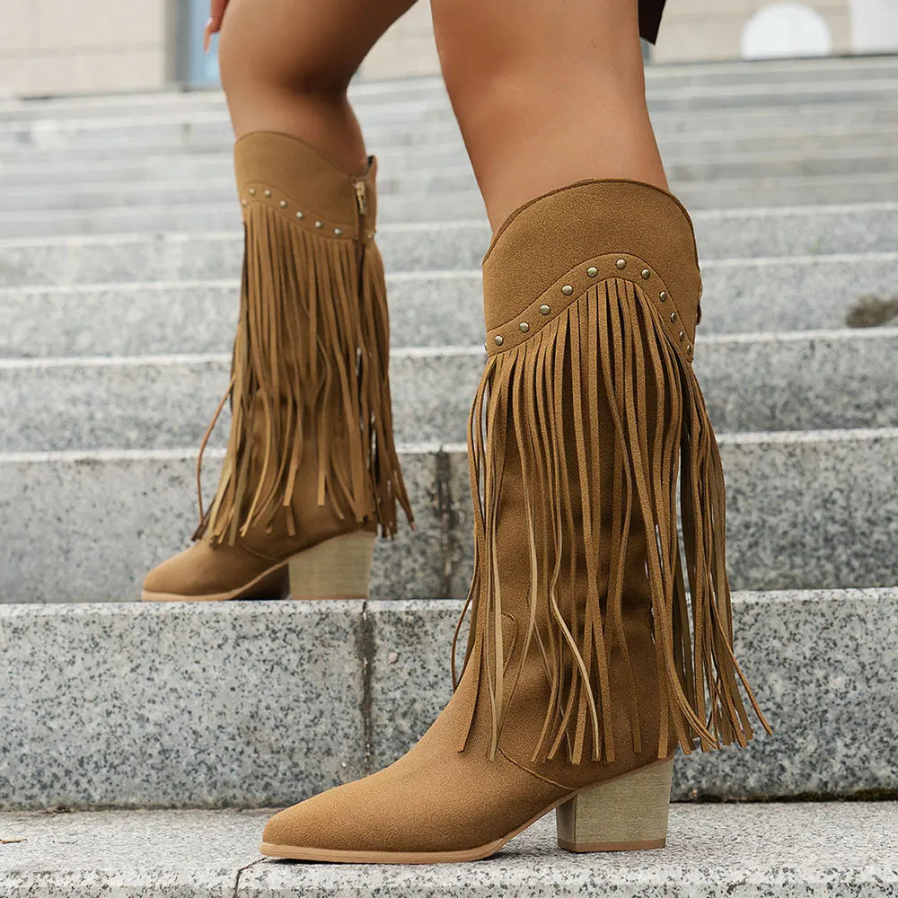 Women's Fringe Trim Studded Roomy Shaft Western Boots
