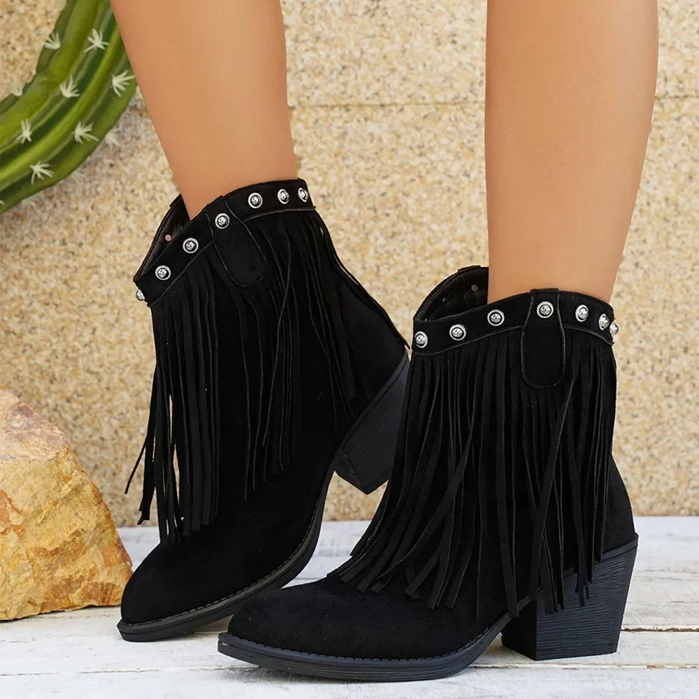 Women's Fringe Trim Studded Roomy Shaft Western Boots