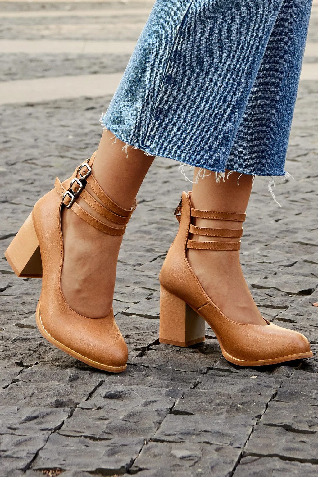 Women's Three-Strap Buckled Heeled Ankle Booties