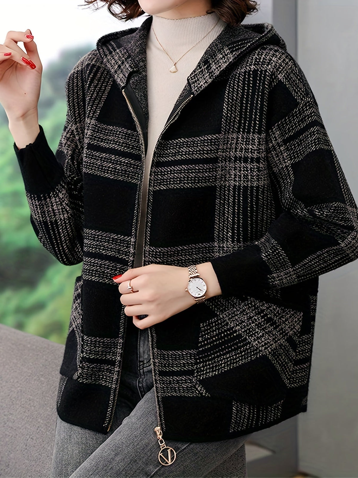 Women's Relaxed Check Print Hooded Zipper Jacket