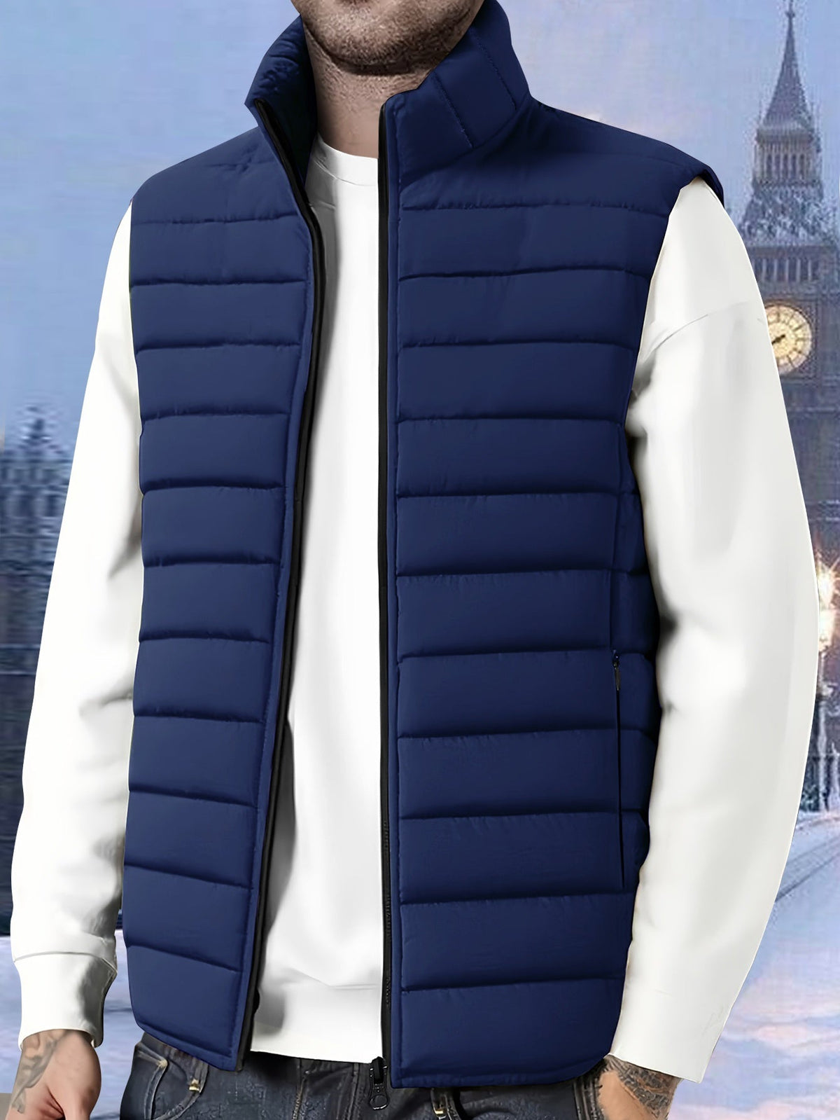 Men's Layering Vest with Quilting and Stand Collar