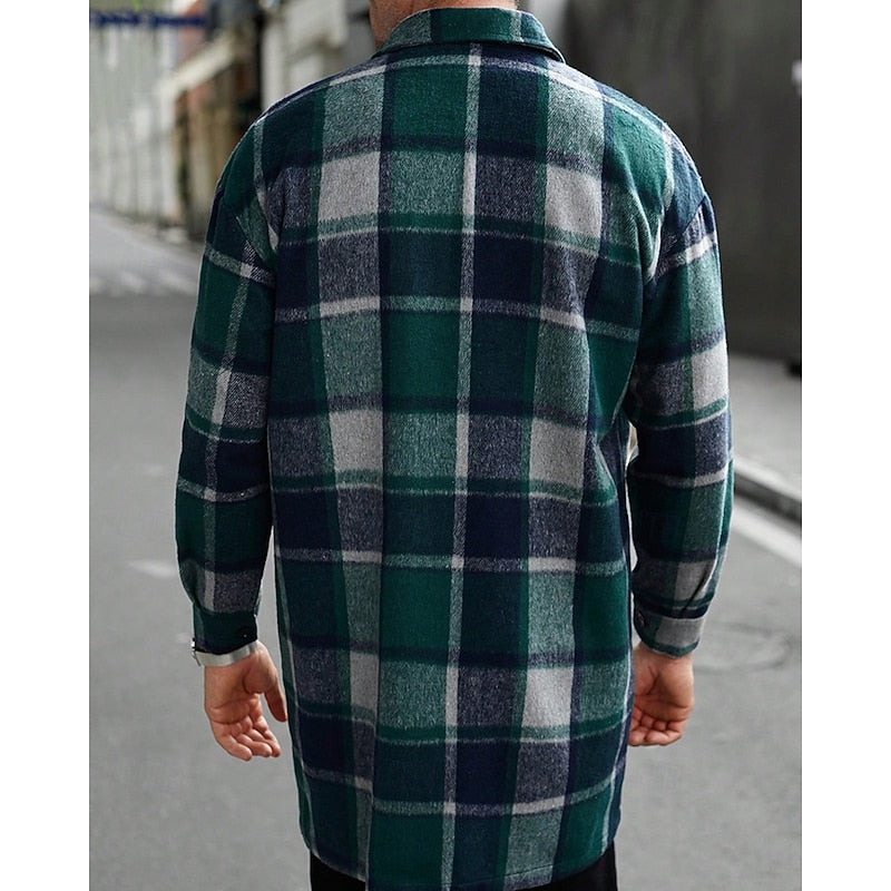 Men's Button-Front Checked Shirt Jacket with Pockets