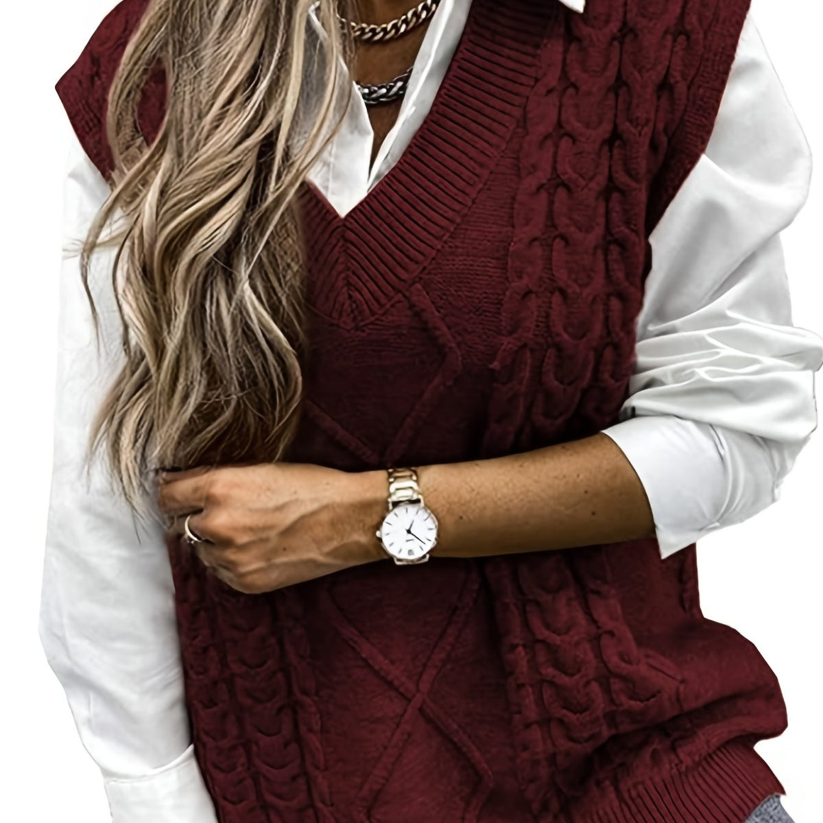 Women's Layering Knit Vest with Cable Pattern