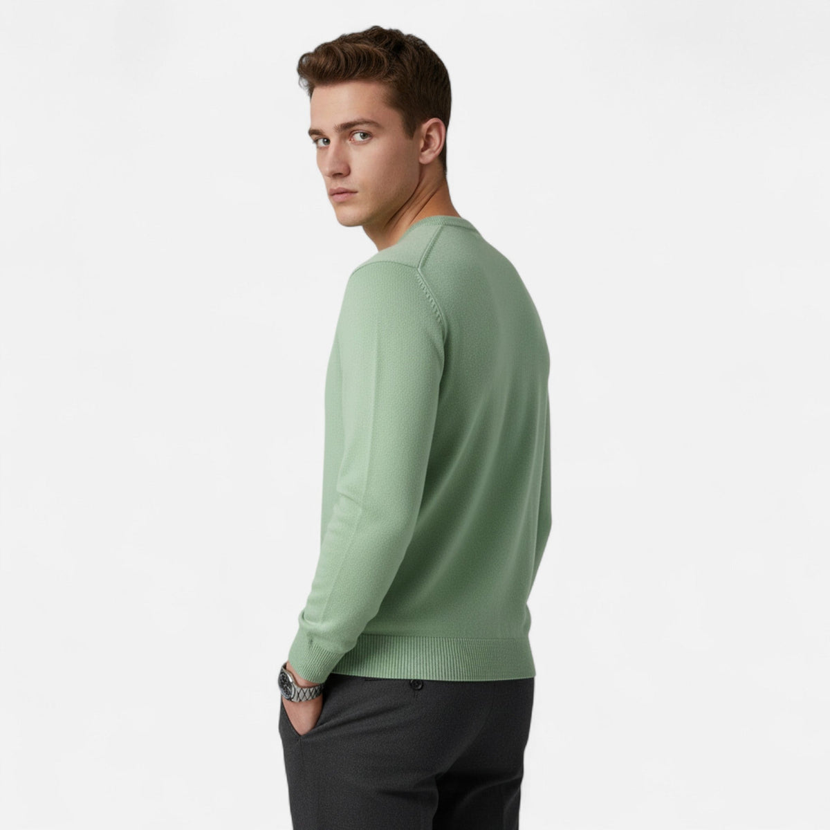 Men's Stretch Ribbed Trim Round Neck Fitted Sweater