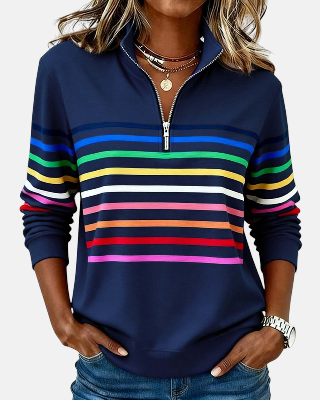 Women's Casual Stripe Quarter-Zip Style Sweatshirt