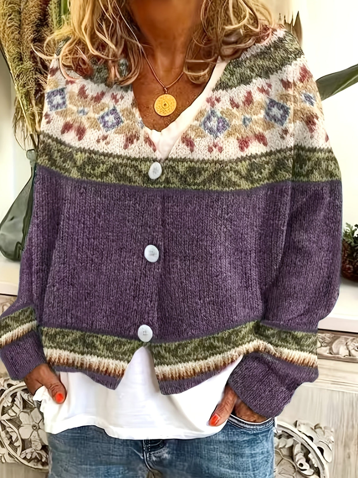 Women's Soft Knit Cardigan Sweater with Geometric Yoke Design