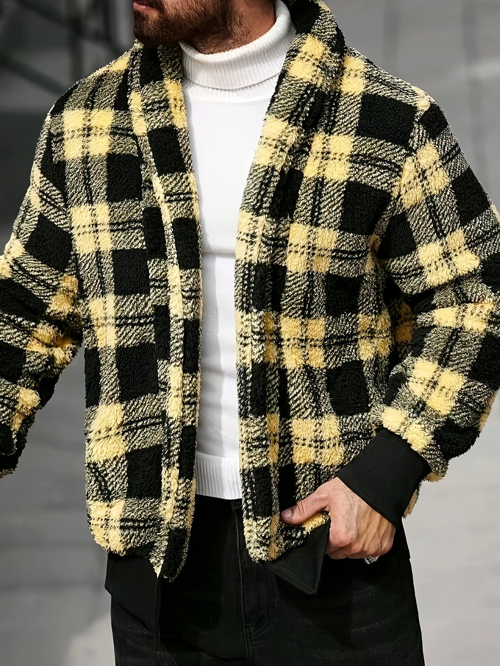 Men's Cozy Plaid-Look Loose-Fit Brushed Jacket