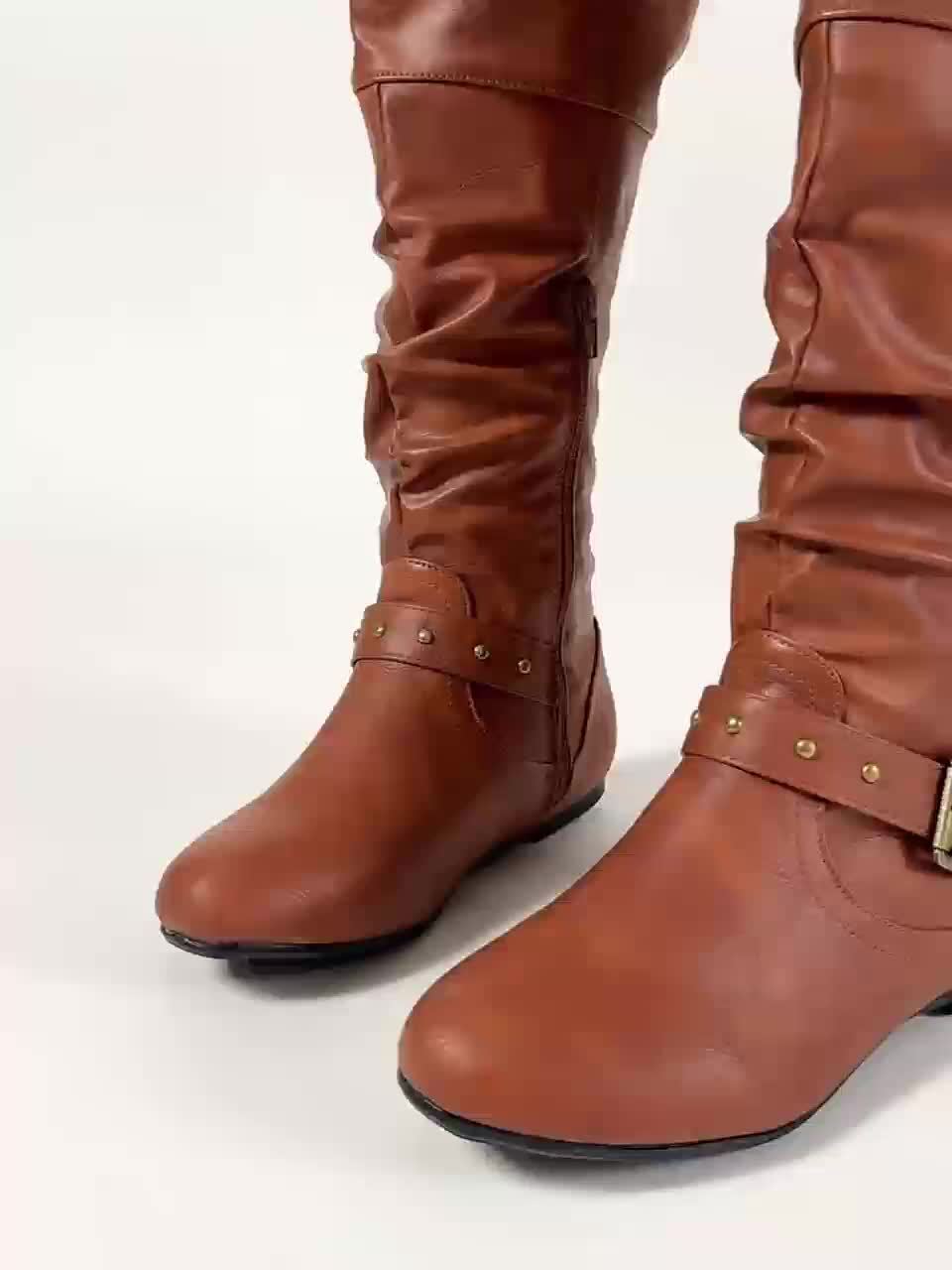 Women's Flat Sole Slouchy Knee-High Boots with Round Toe