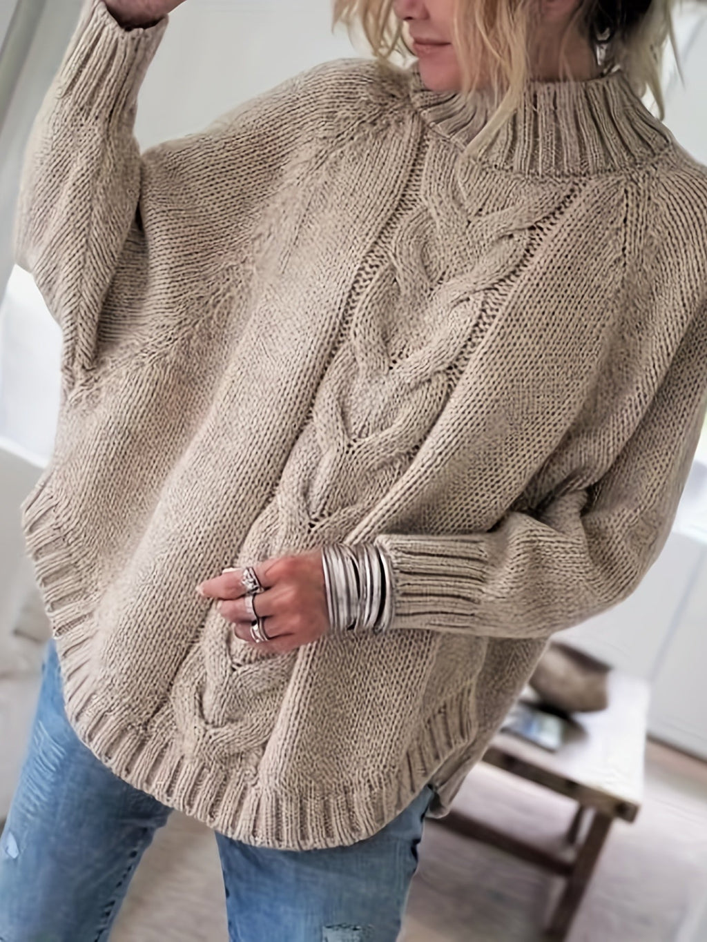 Women's Cozy Cable-Knit Turtleneck Relaxed Sweater