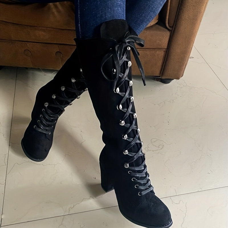 Women's Leg-Lengthening Chunky Heel Lace-Up Tall Boots