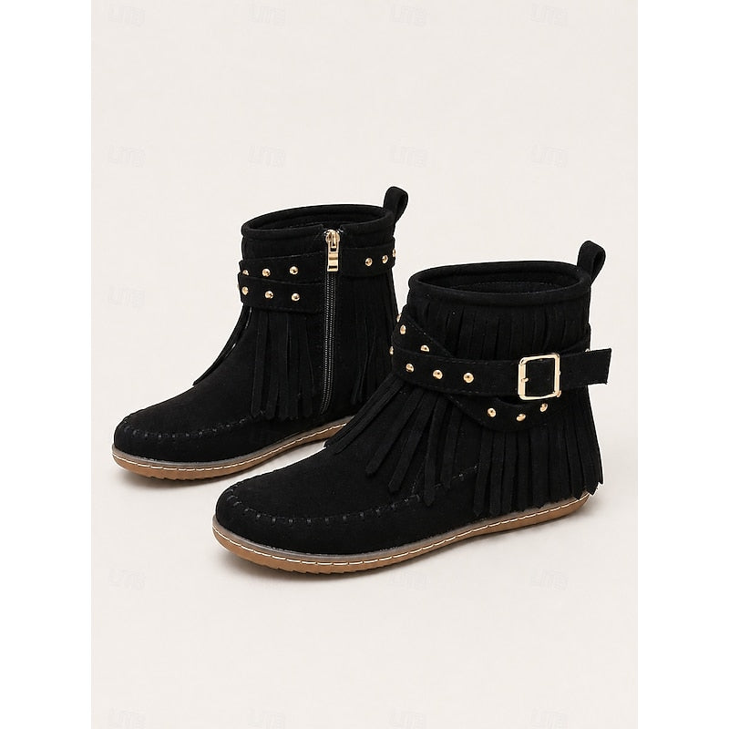 Women's Western Inspired Moccasin Style Ankle Boots with Fringe