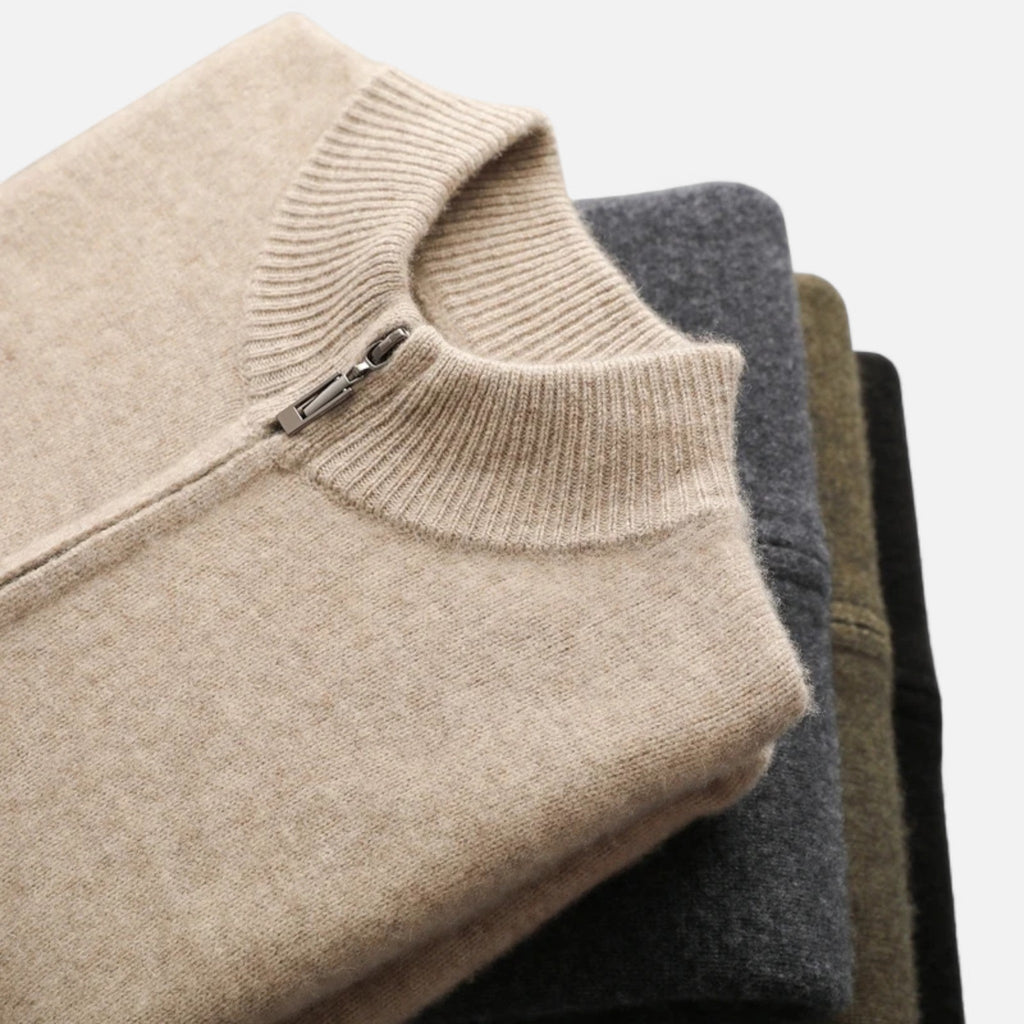 Men's Zip-Front Merino Wool Cardigan with Stand Neck