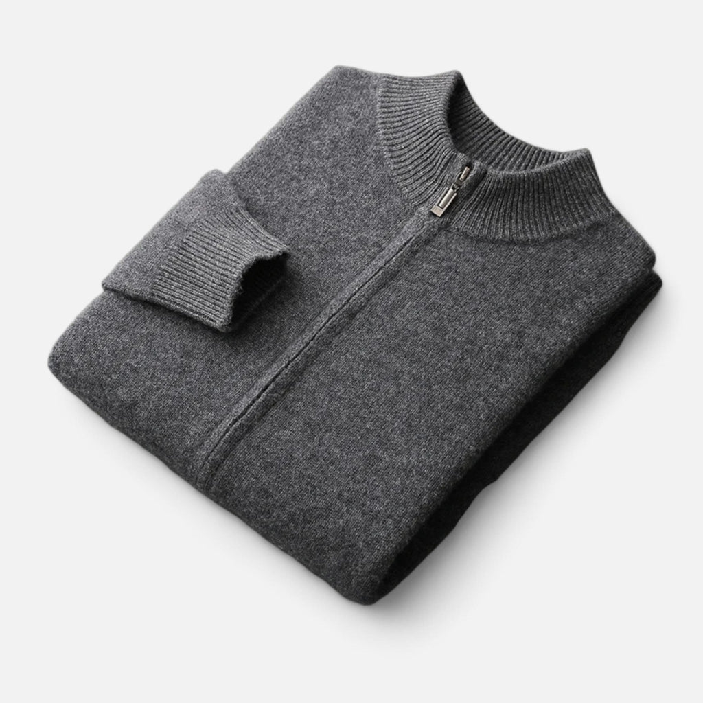 Men's Zip-Front Merino Wool Cardigan with Stand Neck