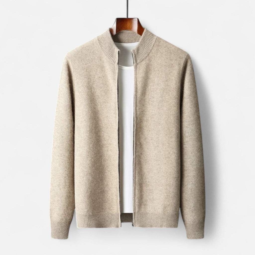 Men's Zip-Front Merino Wool Cardigan with Stand Neck